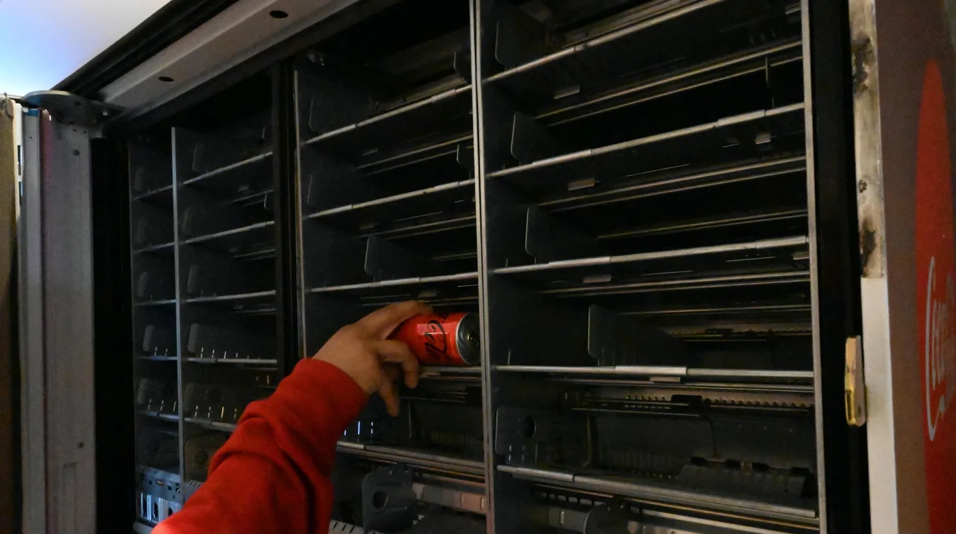 Vending machine shown with subtle height, width, and depth guide lines