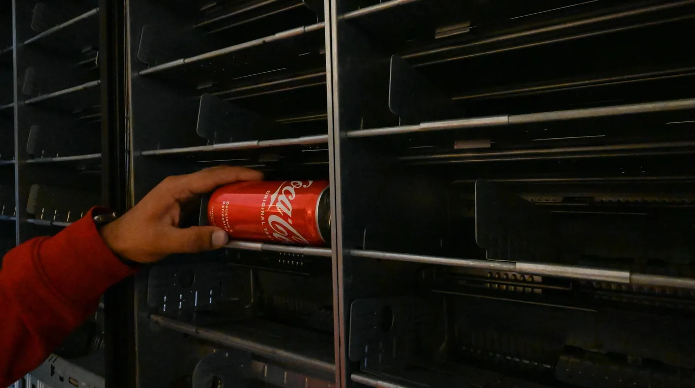 Two movers tilting a vending machine onto a strapped appliance dolly