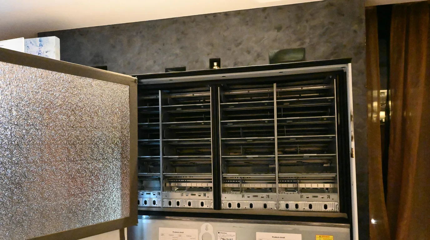 Buyer verifying a vending machine's stock and sales counter during route due diligence.