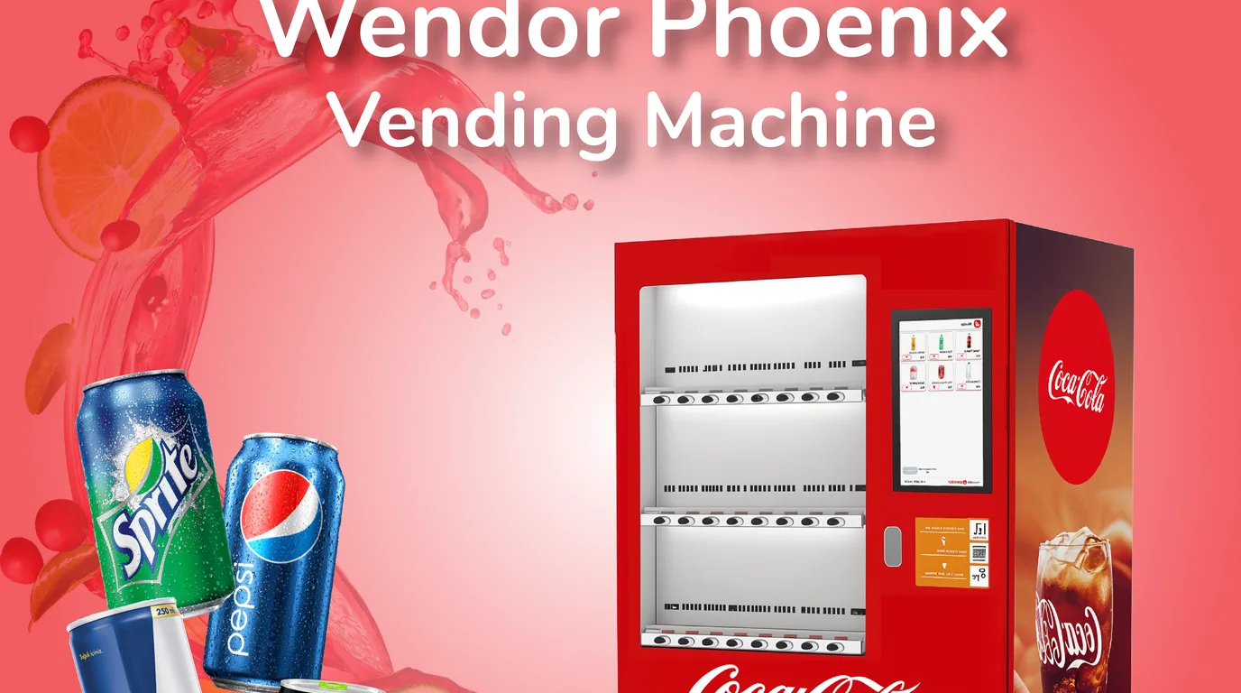Modern vending machine in a busy Chicago office lobby with commuters